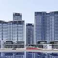 Modern High Rise Building Complex With Water Reflection And Contemporary Facade Design