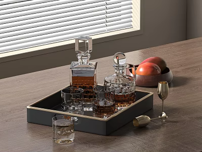 Elegant Whiskey Decanters And Glasses On Wooden Table 3d model