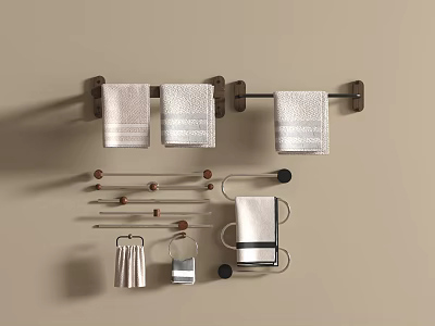 Modern Bathroom Accessories with Wall Mounted Towel Rack Metal Hangers and Towels 3d model