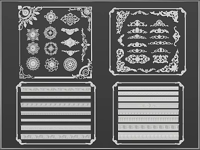 Decorative Components With Circular Floral Patterns Square Border Frames And Stripe Designs 3d model
