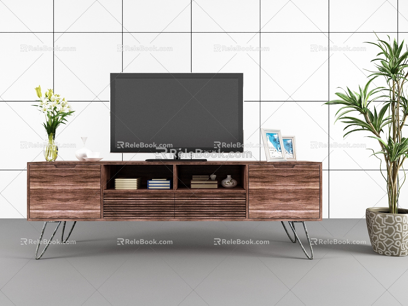 Solid Wood TV Cabinet TV Green Plant Jewelry 3d model