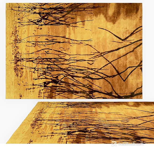 Artistic Square Rug Featuring Golden Background And Abstract Black Branch Line Patterns 3d model