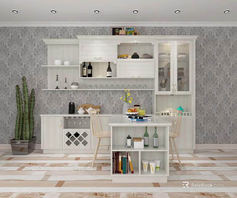 Modern White Wine Cabinet With Bar Counter Wine Bottles Glasses And Decorations 3d model 
