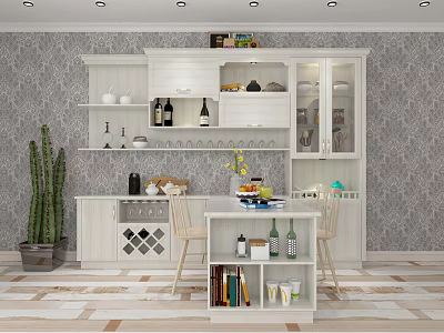 Modern White Wine Cabinet With Bar Counter Wine Bottles Glasses And Decorations 3d model