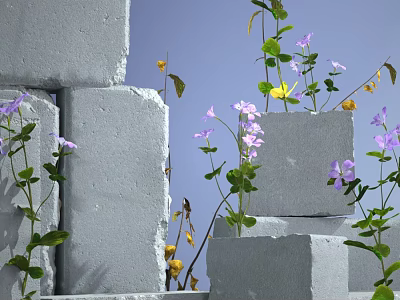 Purple and Yellow Flowers Growing On Stacked Gray Concrete Blocks With Blue Sky Background 3d model