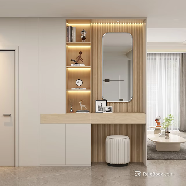 Elegant Modern Dressing Table With Wooden Elements Mirror LED Lighting Small Stool And Decorations 3d model