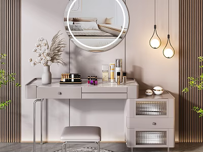 Modern Dressing Table With Round Mirror Stool Makeup Products Pendant Lights And Green Plants 3d model