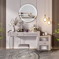 Modern Dressing Table With Round Mirror Stool Makeup Products Pendant Lights And Green Plants