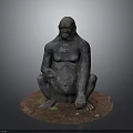 Artistic Sitting Gorilla Sculpture With Metallic Texture And Circular Rustic Base 3d model