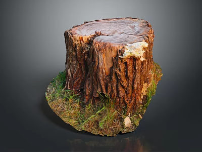 Natural Wood Stone Decorative Stump With Textured Surface And Grass Base Design 3d model