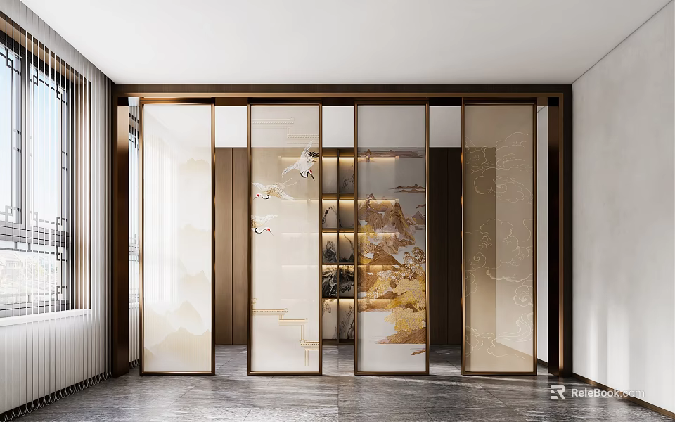 Elegant Modern Interior Room Divider With Glass Panels And Landscape Patterns 3d model 