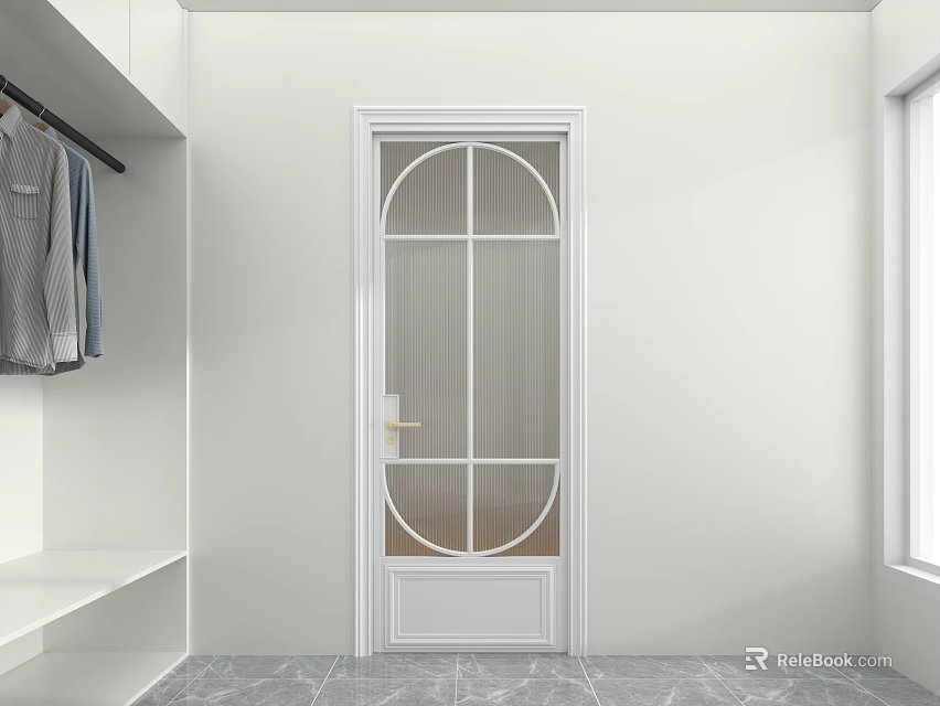 White Hinged Door With Glass Grid Design And Arched Top In Modern Room 3d model 