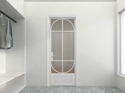 White Hinged Door With Glass Grid Design And Arched Top In Modern Room 3d model