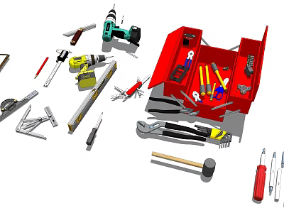 Essential Hardware Tools Collection With Red Toolbox Electric Drill Hammer Wrench And Screwdriver 3d model