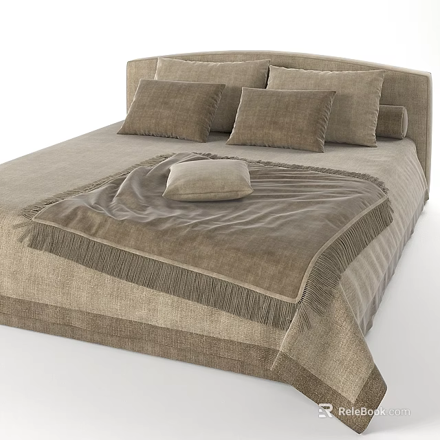 Double Bed with Linen Bedding Multiple Pillows and Fringe Decorative Blanket 3d model 