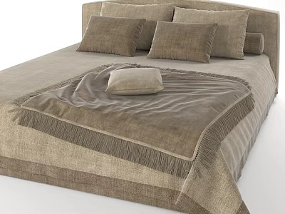 Double Bed with Linen Bedding Multiple Pillows and Fringe Decorative Blanket 3d model