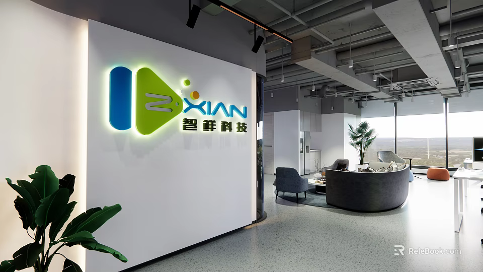 Modern Public Office Space With Branding Logo Spacious Layout And Indoor Plants 3d model 