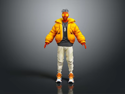 Game and Movie Character With Yellow Puffy Jacket White Pants Orange Shoes Red Hands Sunglasses 3d model