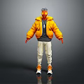 Game and Movie Character With Yellow Puffy Jacket White Pants Orange Shoes Red Hands Sunglasses