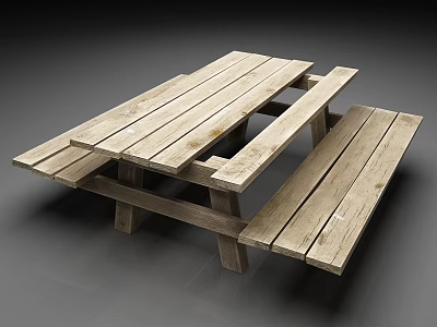 Wooden Outdoor Table With Attached Benches And Natural Wood Finish 3d model