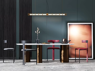 Modern Dining Table Set With Black Red Chairs Pendent Light Dark Green Wall Artwork 3d model