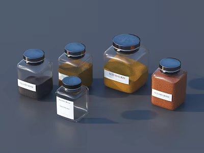 Perfume Cosmetics Fragrance Ingredients in Clear Glass Jars With Metal Lids and Colored Powders 3d model