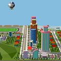 Cartoon City Scene With Colorful Tall Buildings Low Rise Structures Green Lawns And Trees