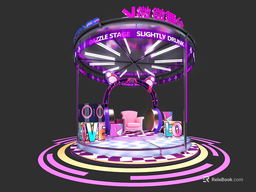 Eye Catching Carousel Photo Spot With Purple Pink Lighting Pink Chair And LOVE Decorations 3d model 