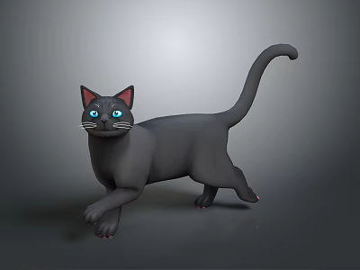 Gray Cat with Blue Eyes Black Ears White Whiskers Walking Pose Raised Tail Gray Background 3d model