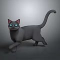 Gray Cat with Blue Eyes Black Ears White Whiskers Walking Pose Raised Tail Gray Background