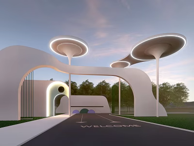 Modern Entrance Gate Design With Arched Structure Illuminated Lighting Welcome Lettering Greenery And Sunset Sky 3d model