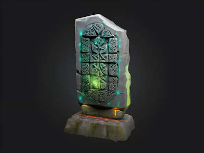 Mystical Ancient Stone Tablet With Intricate Carvings Green Glowing And Orange Base Light 3d model