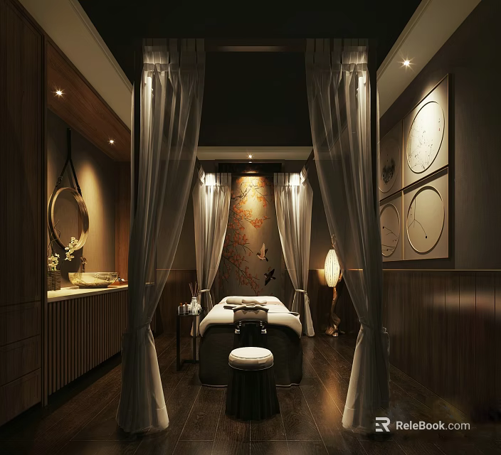 Luxury SPA Sauna Interior With Massage Bed Drapes And Wooden Wall Decor 3d model 