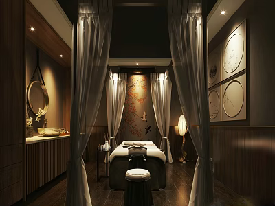 Luxury SPA Sauna Interior With Massage Bed Drapes And Wooden Wall Decor 3d model