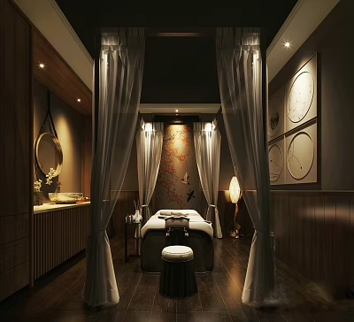 Luxury SPA Sauna Interior With Massage Bed Drapes And Wooden Wall Decor 3d model