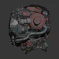 Futuristic Mechanical Helmet With Intricate Components Pipes Stickers And Display Screen