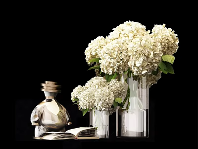 Elegant Decorative Ornament Set With White Hydrangeas In Clear Glass Vases Decorative Bottle And Open Book 3d model