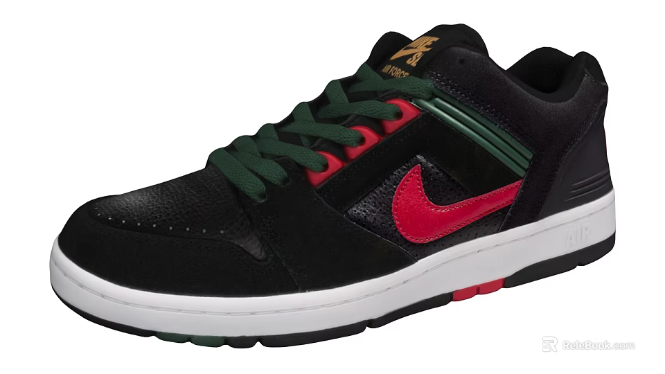 Nike Black Sneakers with Green Laces Red Accents Leather Upper and White Sole Design 3d model 