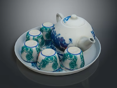 Traditional Blue And White Ceramic Tea Set With Teapot Teacups On Tray 3d model
