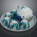 Traditional Blue And White Ceramic Tea Set With Teapot Teacups On Tray 3d model