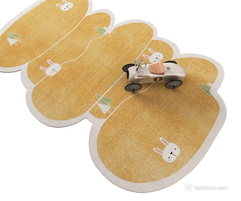 Cute Yellow Shaped Rug With Rabbit And Small Tree Patterns For Kids Room 3d model 