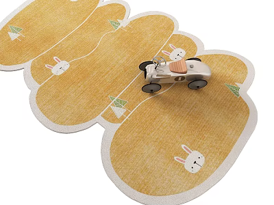 Cute Yellow Shaped Rug With Rabbit And Small Tree Patterns For Kids Room 3d model