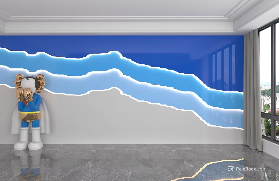 Modern Blue Wavy Background Wall With White Base And Soft Lighting Design 3d model