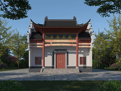 Traditional Chinese Ancient Building with Curved Eaves Red Doors and Stone Grounds Surrounded by Trees 3d model