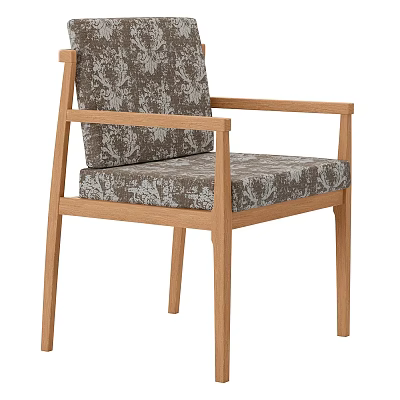 Elegant Wooden Frame Dining Chair With Patterned Fabric Seat And Armrests 3d model