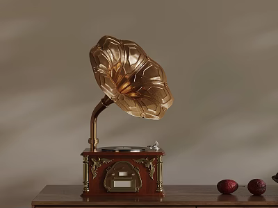 Vintage Phonograph With Golden Horn And Decorative Wooden Base Design 3d model