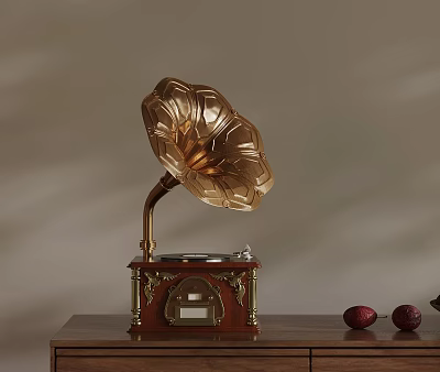 Vintage Phonograph With Golden Horn And Decorative Wooden Base Design 3d model