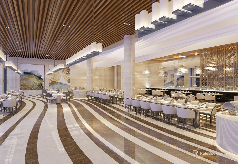 Elegant Restaurant Interior With Wooden Ceiling Pendant Lights Dining Tables And Marble Flooring 3d model 