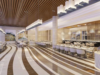 Elegant Restaurant Interior With Wooden Ceiling Pendant Lights Dining Tables And Marble Flooring 3d model