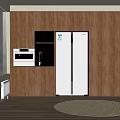 Modern Kitchen Cabinets With Wooden Wall White Refrigerator And Built In Microwave